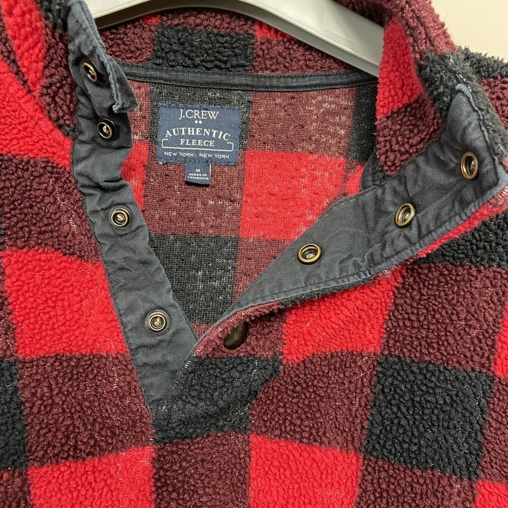 J.CREW Sweater Pullover Buffalo Plaid Check Fleece Shearling Sherpa Snap Size M - Picture 3 of 11